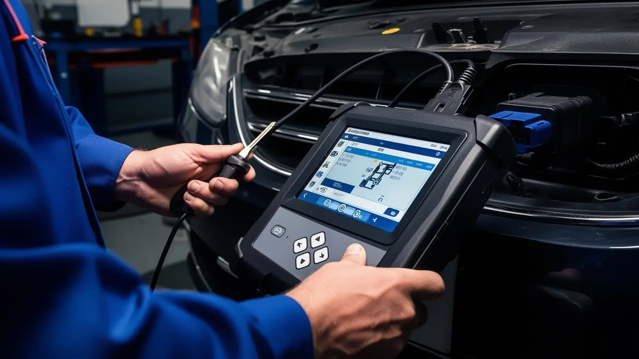 Professional auto locksmith using diagnostic equipment