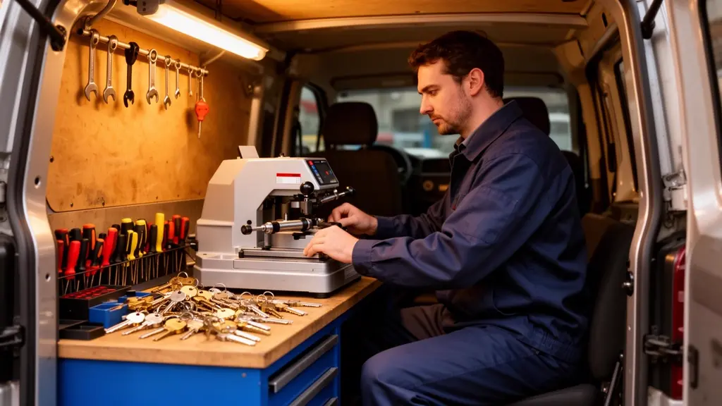Locksmith cutting car keys at workbench